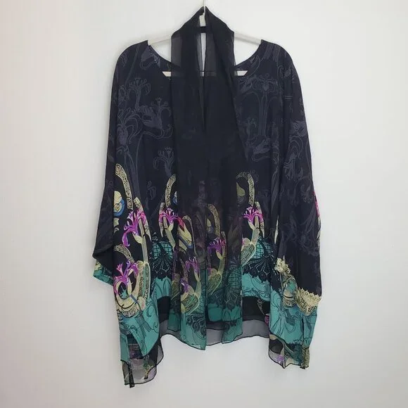 Citron dark spring printed silk blouse with matching scarf - Picture 1 of 10